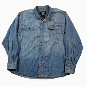 Harley Davidson Denim Shirt Mens 3XL Blue‎ Faded Jean Snap Embroirered Logos